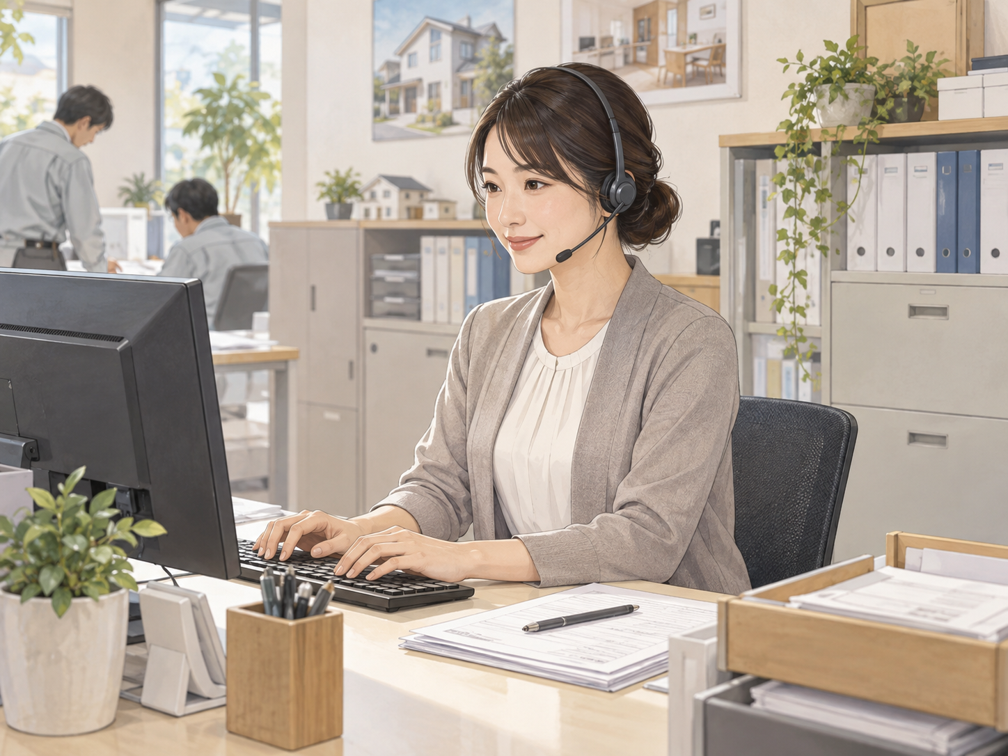 書類とパソコンを使って事務作業をする女性のイラスト